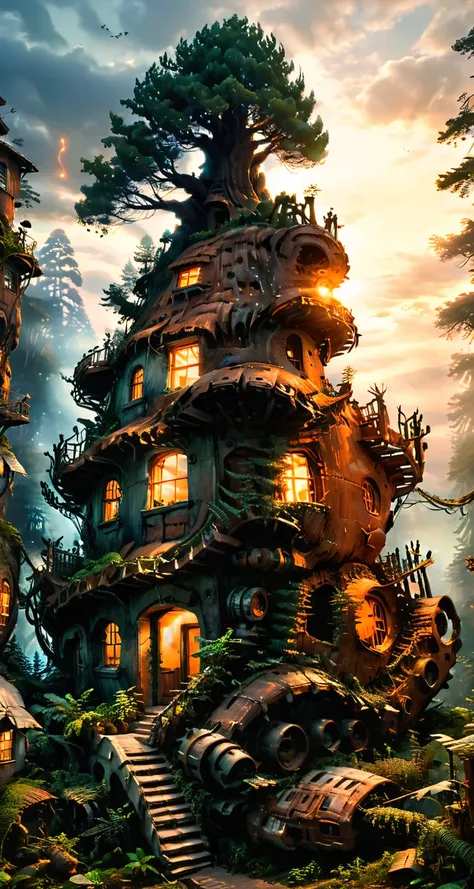 a house in an orange majestic (glowing:1.5) (giant) (sequoia:1.5) growing out of a vtnktnk tank on (Pandora:1.9) from (Avatar:1.3), (vines:1.2), (electricity:1) in the air, stairs, magical, fantasy, 8k, hyper realistic, sharp, dslr <lora:vtnktnk_SDXL_v1_32-000015:1.0> <lora:xl_more_art-full_v1:1.0>