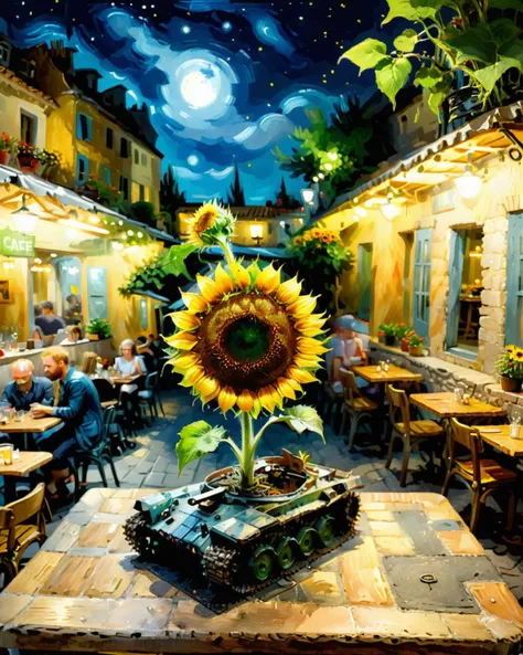 van gogh painting of a sunflower growing out of a (miniature:1.6) vtnktnk tank on a table in ((cafe terrace at night arles):1.5) with <lora:vtnktnk_SDXL_v1_32-000015:1> <lora:xl_more_art-full_v1:0.9>