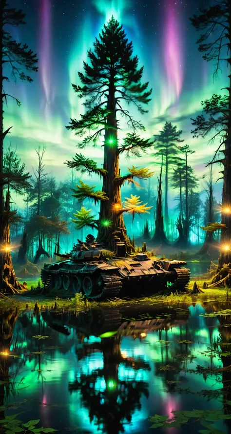 a majestic (glowing:1.5) (cypress:1.5) tree growing in a vtnktnk tank in the swamp on neverland, (aurora borealis), (vines:1.2), fantasy, 8k, hyper realistic, sharp, dslr, crisp <lora:vtnktnk_SDXL_v1_32-000015:1.0> <lora:xl_more_art-full_v1:0.5>