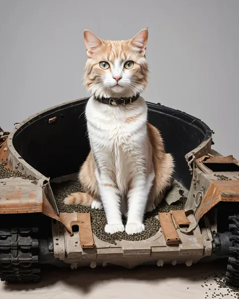 a vtnktnk tank with no top being used as a litter box, cat, kitty litter, dslr, 8k, beautiful, hyper realistic <lora:vtnktnk_SDXL_v1_32-000015:1>