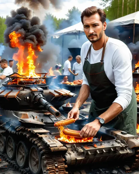 a man cooking hot dogs on a (miniature) burning vtnktnk tank, dslr, 8k, beautiful, perfect face, hyper realistic <lora:vtnktnk_SDXL_v1_32-000015:1>