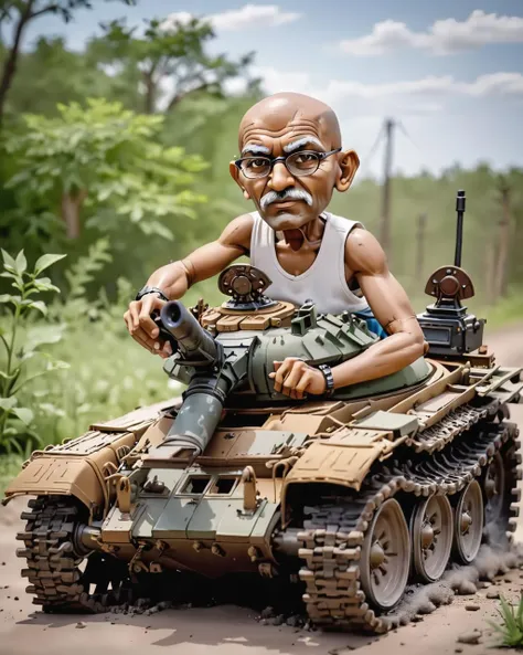 ghandi driving a (miniature) vtnktnk tank, dslr, 8k, beautiful, perfect face, hyper realistic <lora:vtnktnk_SDXL_v1_32-000015:1> <lora:M0nstrcrz_SDXL_v1_32:0.5> <lora:retr0magz_SDXL_v1_32:0.5>