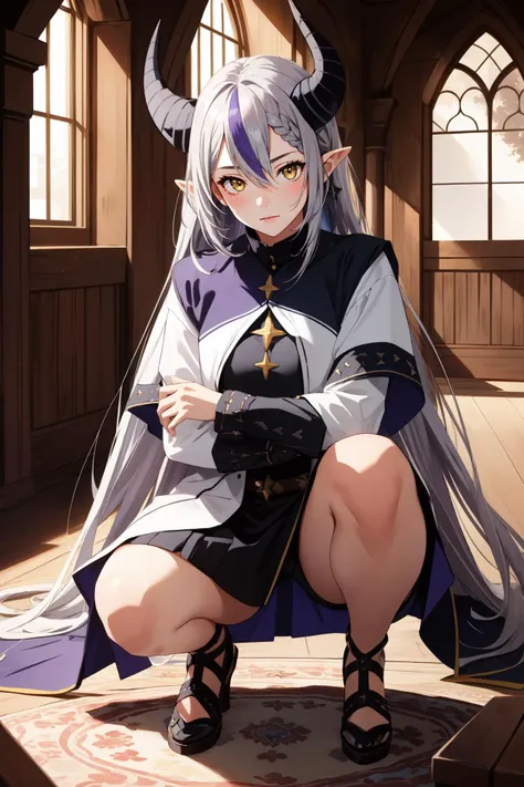 (masterpiece, best quality), intricate details,
1girl, <lora:la_darknesss:0.8> la+ darkness, long hair,gray hair,purple hair, braid, stripped horn,pointy ears,yellow eyes,
squatting, indoors, medieval ball,