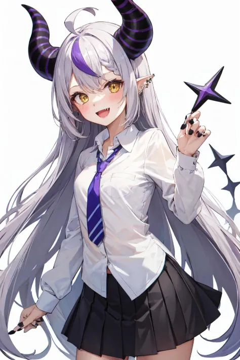 Masterpiece、Hololive、Laplace・ダークネス、Laplace、Highest quality、High resolution、1 girl、anime、Sleeves that hide the hands、Sleeves up to the fingers、Braid、Long sleeve、片足pantyhose、黄色のAscot、Ascot、Black footwear、dress、金属のfirst round、Knee-high boots、黒いdress、first round、pantyhose、Thigh of one leg、Cyberpunk City、Wicked Smile、Mouth open