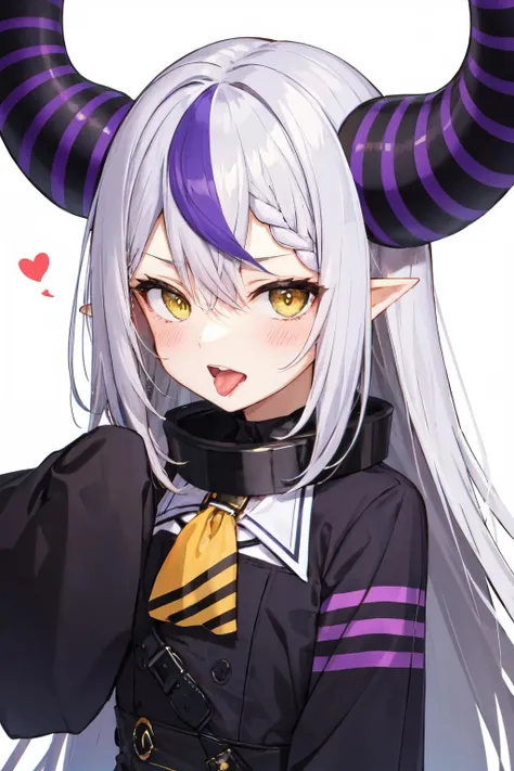 <lora:la_darknesss:1>la+ darknesss, purple hair, hair between eyes, looking at viewer, striped horns, tongue, blush, sleeves past wrists, open mouth, yellow eyes, demon horns, 1girl, grey hair, horns, yellow ascot, long hair, white background, solo, simple background, pointy ears, streaked hair, tongue out, upper body, ascot, sleeves past fingers