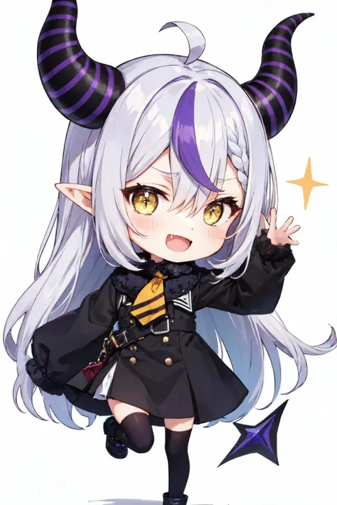 <lora:la_darknesss:1>la+ darknesss, purple hair, hair between eyes, dress, looking at viewer, ahoge, very long hair, blush, full body, sleeves past wrists, thighhighs, yellow eyes, demon horns, :d, 1girl, grey hair, black dress, horns, long hair, chibi, white background, solo, standing on one leg, sparkle, simple background, pointy ears, streaked hair, smile, long sleeves, skin fang, sleeves past fingers, braid, fang, standing