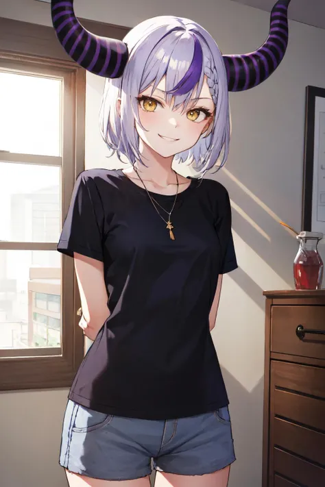 <lora:la_darknesss:1>la+ darknesss, perfect anatomy, , 1girl, solo, cowboy shot, grey hair, purple hair, braid, yellow eyes, horns, indoors, t-shirt, shorts, casual, relaxing, smirk , arms behind back , small breasts