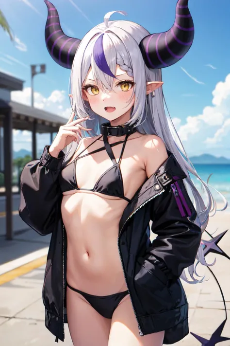 <lora:la_darknesss:1>la+ darknesss, purple hair, hair between eyes, looking at viewer, holding, jacket, striped horns, navel, very long hair, blush, black bikini, hand in pocket, open mouth, yellow eyes, bikini, outdoors, demon horns, 1girl, grey hair, horns, cowboy shot, long hair, solo, swimsuit, open jacket, collar, pointy ears, streaked hair, black jacket, long sleeves, towel, blurry background, fang, open clothes, tail