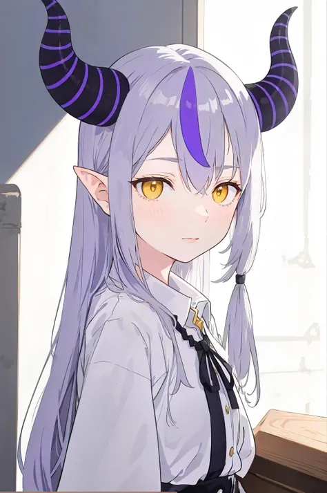 (masterpiece:1.2), (best quality:1.2), (hyperrealism:1.2), 1girl , (immersive shadows:1.1) , front pose, <lora:la_darknesss:1> la+ darkness ,long hair,gray hair,purple hair, braid, stripped horn,pointy ears,yellow eyes