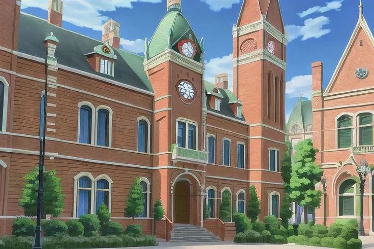 (Best quality, absurdres, high quality, high detail, 8k), (anime screencap), (no humans), Pokemovies, amazingarchitecture,
An old hospital building from the Victorian era, made of red brick and iron supports with several windows. a symbol of a (Poke Ball) is on the front of the building, above the main entrance.