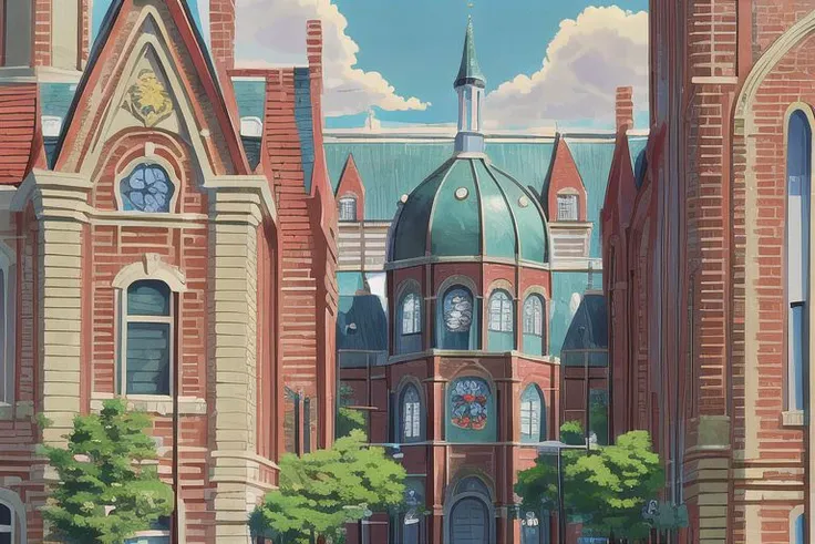 (Best quality, absurdres, high quality, high detail, 8k), (anime screencap), (no humans), Pokemovies, amazingarchitecture,
An old hospital building from the Victorian era, made of red brick and iron supports with several windows. a symbol of a (Poke Ball) is on the front of the building, above the main entrance.