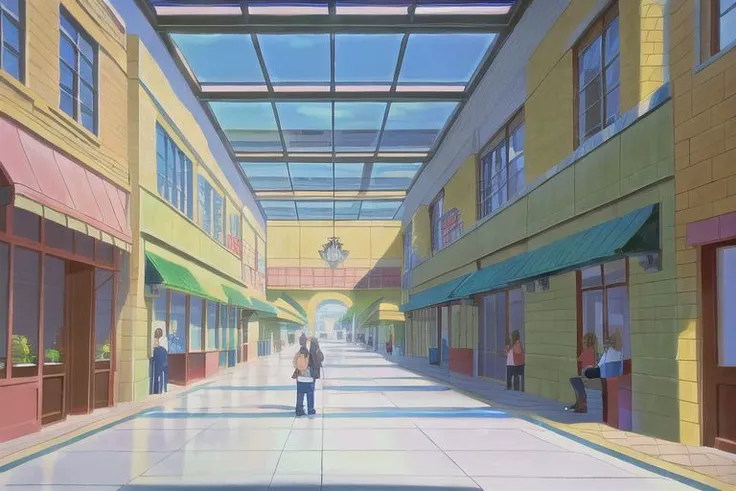 (Best quality, absurdres, high quality, high detail, 8k), (anime screencap), (no humans),
American shopping mall interior, storefronts, wide corridor, planters and benches, skylight,