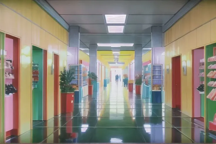 (Best quality, absurdres, high quality, high detail, 8k), (anime screencap), (no humans),
American shopping mall interior, storefronts, corridor, planters,