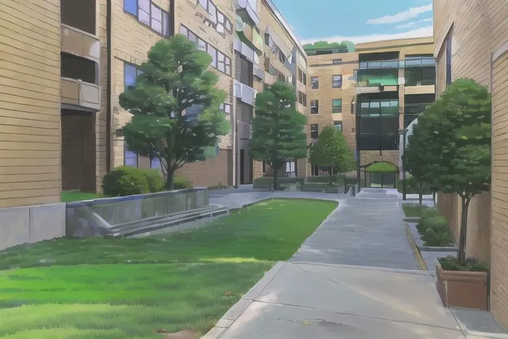 (Best quality, absurdres, high quality, high detail, 8k), (anime screencap), (no humans), Pokemovies,
Brookhaven, Courtyard, Outside, apartments, small park, Toronto