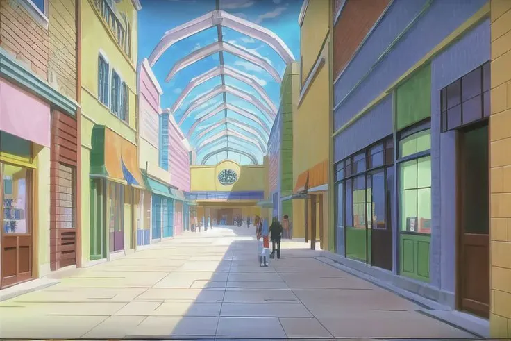(Best quality, absurdres, high quality, high detail, 8k), (anime screencap), (no humans), Pokemovies
American shopping mall interior, storefronts, wide corridor, planters and benches, skylight,