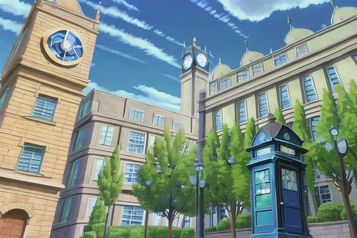 (Best quality, absurdres, high quality, high detail, 8k), (anime screencap), (no humans), Pokemovies, amazingarchitecture,
the exterior of a large, modern hospital building. A (Pokeball) symbol is on the wall, above the building's main entrance. A ((police box)) sits just outside.