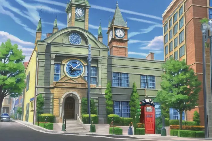(Best quality, absurdres, high quality, high detail, 8k), (anime screencap), (no humans), Pokemovies, amazingarchitecture,
the exterior of a large, modern hospital building. A (Pokeball) symbol is on the wall, above the building's main entrance. A ((police box)) sits just outside.