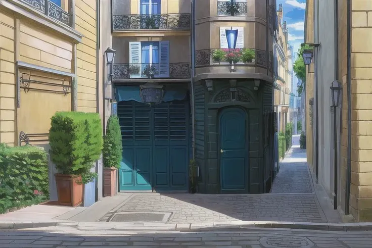 (Best quality, absurdres, high quality, high detail, 8k), (anime screencap), (no humans), Pokemovies, amazingarchitecture,
A small backstreet on a hill in Paris, with an entrance to the subway and a police box on it.