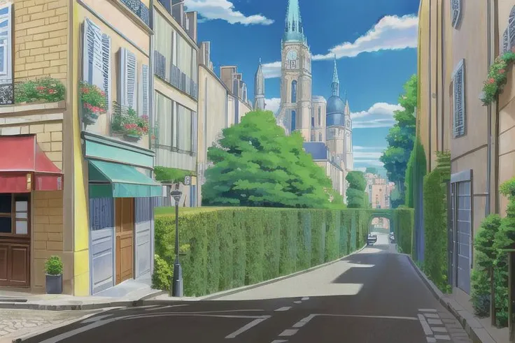 (Best quality, absurdres, high quality, high detail, 8k), (anime screencap), (no humans), Pokemovies, amazingarchitecture,
A small backstreet on a hill in Paris, with an entrance to the subway and a police box on it.
