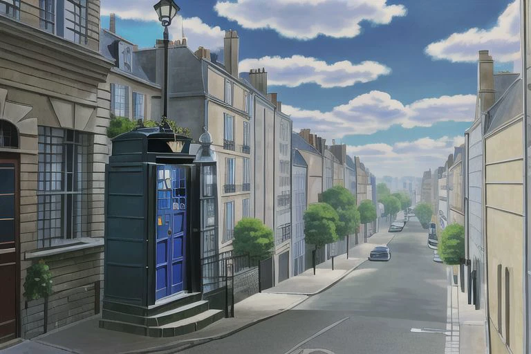(Best quality, absurdres, high quality, high detail, 8k), (anime screencap), (no humans), Pokemovies, amazingarchitecture,
exterior of a private detective's office, on the second floor of a small building on a Parisian street. A ((police box)) sits just outside.