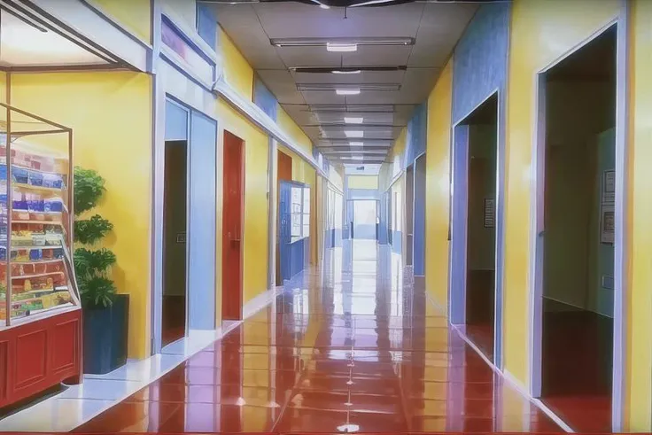 (Best quality, absurdres, high quality, high detail, 8k), (anime screencap), (no humans),
American shopping mall interior, storefronts, corridor, planters,