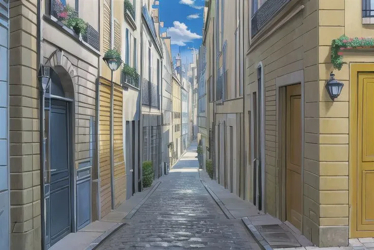 (Best quality, absurdres, high quality, high detail, 8k), (anime screencap), (no humans), Pokemovies, amazingarchitecture,
A small backstreet in Paris, with a private detective's office in one of the buildings and an entrance to the subway.