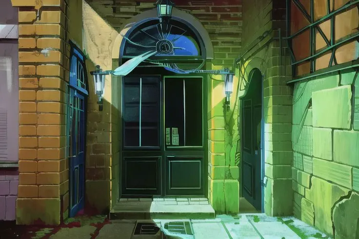 (Best quality, absurdres, high quality, high detail, 8k), (anime screencap), (no humans), Pokemovies, the_observer,
nighttime, an old brick and concrete tenement building stands alone at the end of the street atop a hill, with a view of the town below.