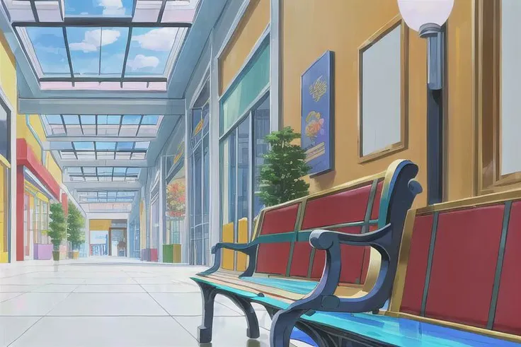 (Best quality, absurdres, high quality, high detail, 8k), (anime screencap), (no humans),
American shopping mall interior, storefronts, wide corridor, planters and benches, skylight,
