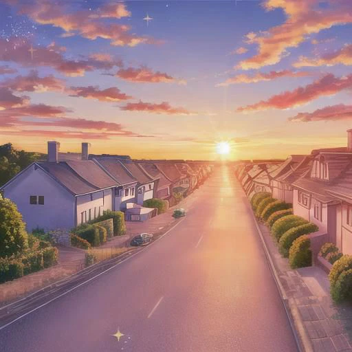 sky, fly, speed, day sky, sparkles, sun, one house, road, sunset, store,