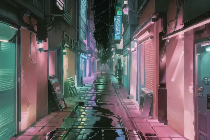 (Best quality, absurdres, high quality, high detail, 8k), (anime screencap), (no humans), Pokemovies, the_observer,
nighttime, the backstreets of a dingy old city, where dim neon lights cast faint colour on the soaked streets.