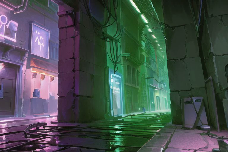 (Best quality, absurdres, high quality, high detail, 8k), (anime screencap), (no humans), Pokemovies, the_observer,
nighttime, the backstreets of a dingy old city, where dim neon lights cast faint colour on the soaked streets.