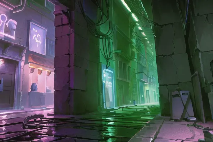 (Best quality, absurdres, high quality, high detail, 8k), (anime screencap), (no humans), Pokemovies, the_observer,
nighttime, the backstreets of a dingy old city, where dim neon lights cast faint colour on the soaked streets.