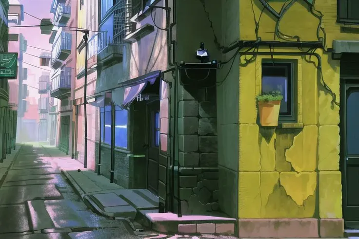 (Best quality, absurdres, high quality, high detail, 8k), (anime screencap), (no humans), Pokemovies, the_observer,
nighttime, an old brick and concrete tenement building stands alone at the end of the street atop a hill, with a view of the town below.