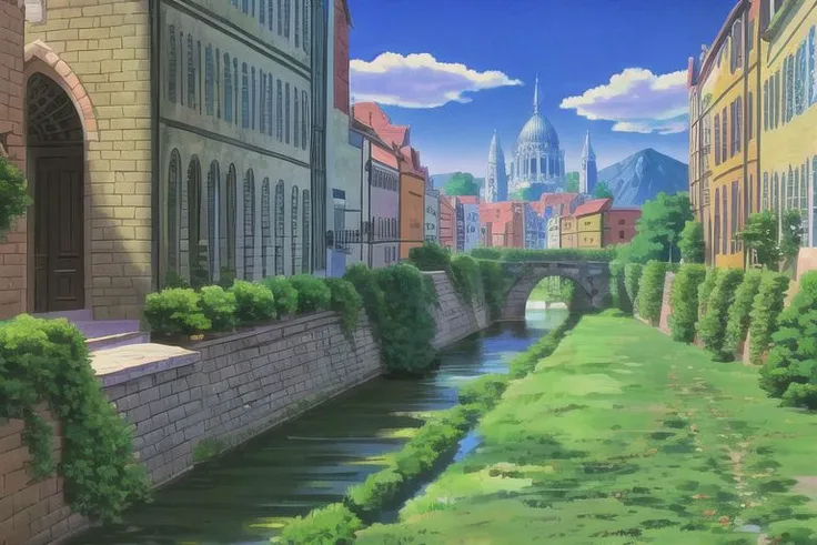 (Best quality, absurdres, high quality, high detail, 8k), (anime screencap), (no humans), Pokemovies
An old city of brick and stone buildings nestled in the shadow of a mountain, with a large cathedral in the center.