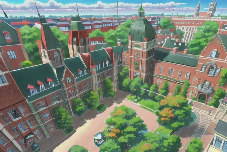 (Best quality, absurdres, high quality, high detail, 8k), (anime screencap), (no humans), Pokemovies, amazingarchitecture,
An old hospital building from the Victorian era, made of red brick with several windows. a ((Pokeball)) symbol is on the front of the building.