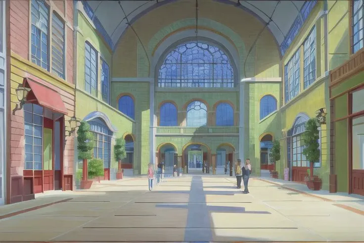 (Best quality, absurdres, high quality, high detail, 8k), (anime screencap), (no humans), Pokemovies
American shopping mall interior, storefronts, wide corridor, planters and benches, skylight,