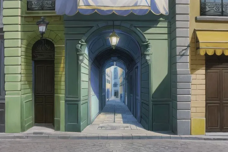 (Best quality, absurdres, high quality, high detail, 8k), (anime screencap), (no humans), Pokemovies, amazingarchitecture,
A small backstreet in Paris, with a private detective's office in one of the buildings and an entrance to the subway.