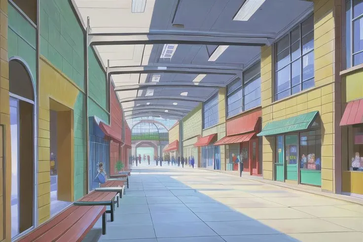 (Best quality, absurdres, high quality, high detail, 8k), (anime screencap), (no humans),
American shopping mall interior, storefronts, wide corridor, planters and benches, skylight,