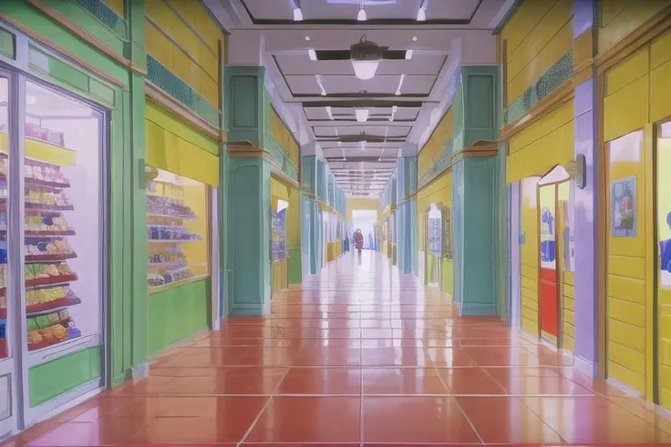 (Best quality, absurdres, high quality, high detail, 8k), (anime screencap), (no humans),
American shopping mall interior, storefronts, corridor, planters,