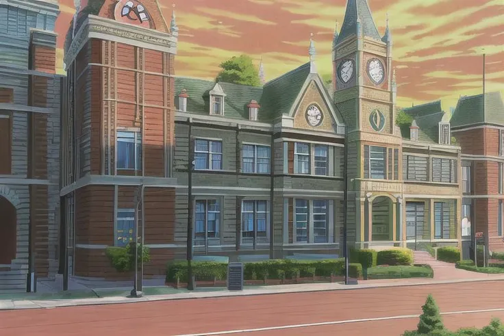 (Best quality, absurdres, high quality, high detail, 8k), (anime screencap), (no humans), Pokemovies, amazingarchitecture,
An old hospital building from the Victorian era, made of red brick with several windows. a ((Pokeball)) symbol is on the front of the building.