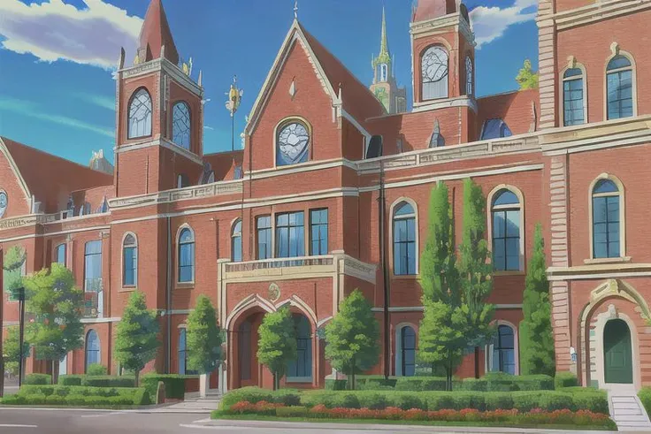 (Best quality, absurdres, high quality, high detail, 8k), (anime screencap), (no humans), Pokemovies, amazingarchitecture,
An old hospital building from the Victorian era, made of red brick and iron supports with several windows. a symbol of a (Poke Ball) is on the front of the building, above the main entrance.