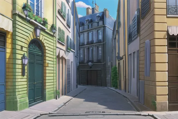 (Best quality, absurdres, high quality, high detail, 8k), (anime screencap), (no humans), Pokemovies, amazingarchitecture,
A small backstreet in Paris, with a private detective's office in one of the buildings and an entrance to the subway.