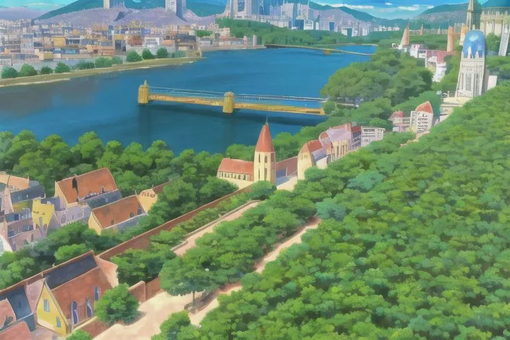 (Best quality, absurdres, high quality, high detail, 8k), (anime screencap), (no humans), Pokemovies
An old city of brick and stone buildings nestled in the shadow of a mountain, with a large cathedral in the center.