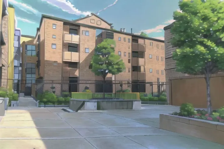 (Best quality, absurdres, high quality, high detail, 8k), (anime screencap), (no humans), Pokemovies,
Brookhaven, Courtyard, Outside, apartments, small park, Toronto