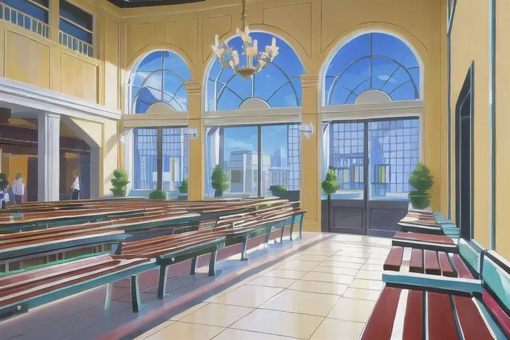 (Best quality, absurdres, high quality, high detail, 8k), (anime screencap), (no humans),
American shopping mall interior, storefronts, wide corridor, planters and benches, skylight,