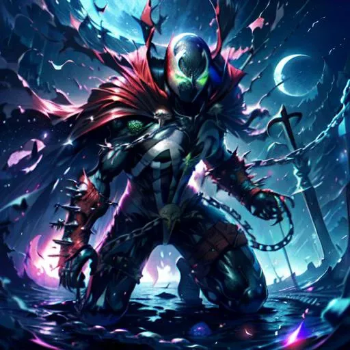 absurdres, highres, (official art, beautiful and aesthetic:1.2), 1 spawn girl, (medium breasts), red cape, glowing green eyes, kneeling, chains, church and cross landscape, night time, moon, upper body, <lora:spawn-000020:1>, <lora:add_detail:0.2>, <lora:beautiful detailed eyes:1>, <lora:GoodHands-beta2:1>, <lora:NebulaDream:0.3>