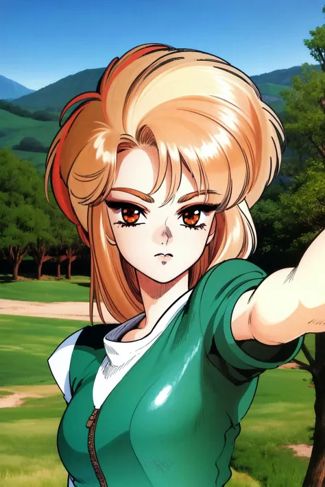 20thshirow, solo, 1girl, outstretched arm, medium breasts, looking at viewer, orange hair, detailed face, outdoors <lora:Shirow_Masamune_style_v01:1>