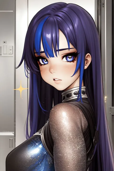 21thshirow, solo, 1girl, looking at viewer, pupils sparkling, blue hair, detailed face, outdoors <lora:Shirow_Masamune_style_v01:1>