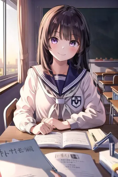 masterpiece, best quality,ultra detail, <lora:anmnr01:0.3>, <lora:GoodHands-vanilla:0.7> <lora:add_detail:0.5>,1girl, <lora:PovStudy:0.7>,class room desk,stationaly,sailor uniform,evil smile,sunset