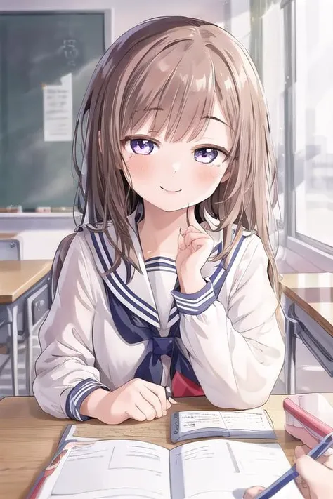 masterpiece, best quality,ultra detail, <lora:anmnr01:0.3>, <lora:GoodHands-vanilla:0.7> <lora:add_detail:0.5>,1girl, <lora:PovStudy:0.7>,class room desk,stationaly,sailor uniform,smile,pointing viewer, hold pencil, <lora:sensualface_type1:1>,facing viewer